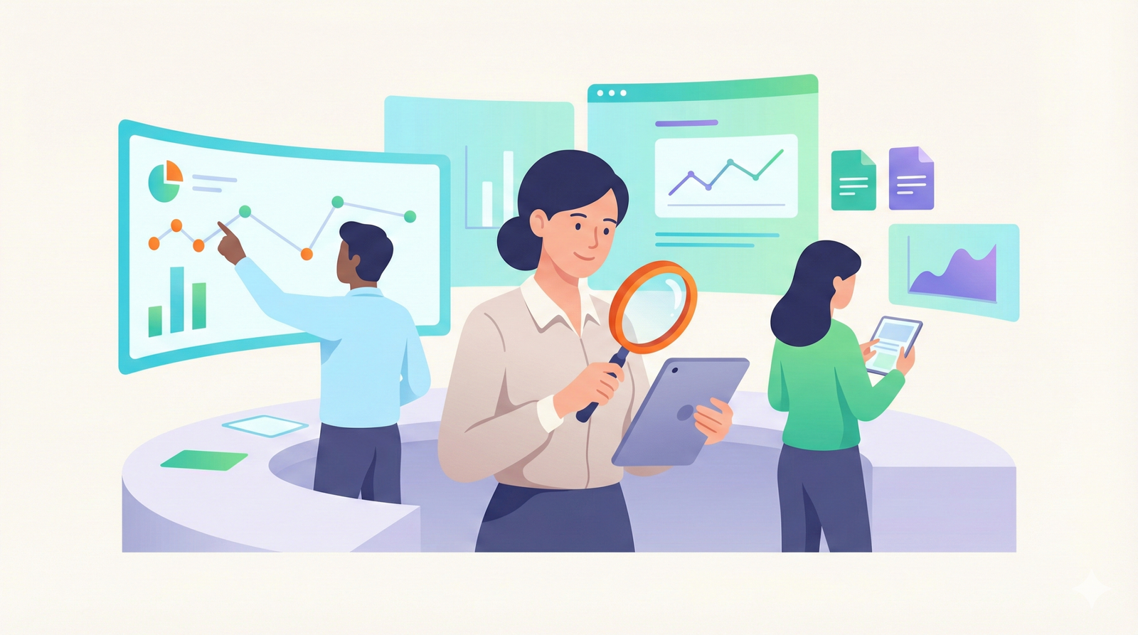 Equipo de Comparaly analizando datos con lupa y gráficos