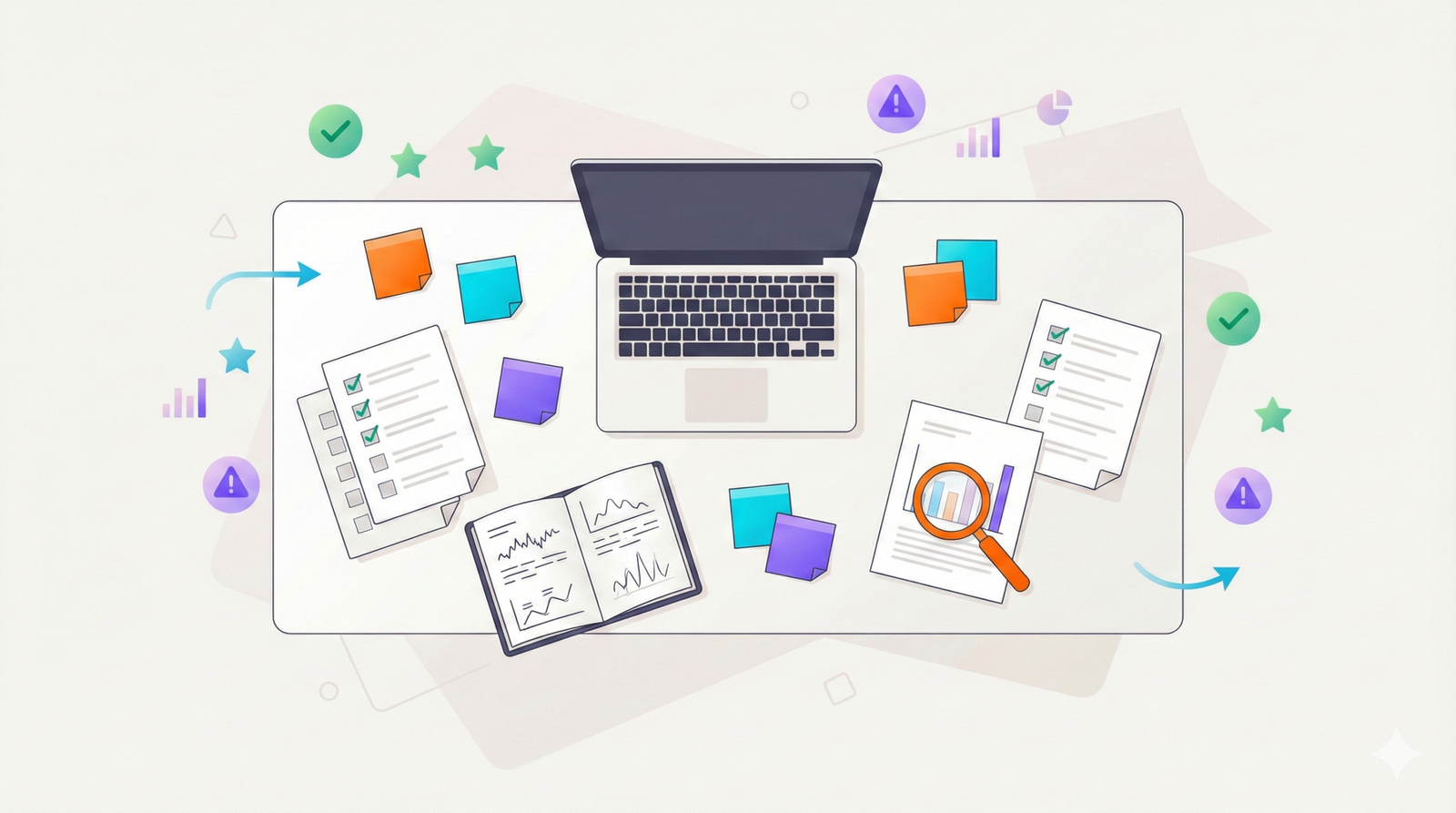 Escritorio con portátil, notas y documentos revisados con lupa