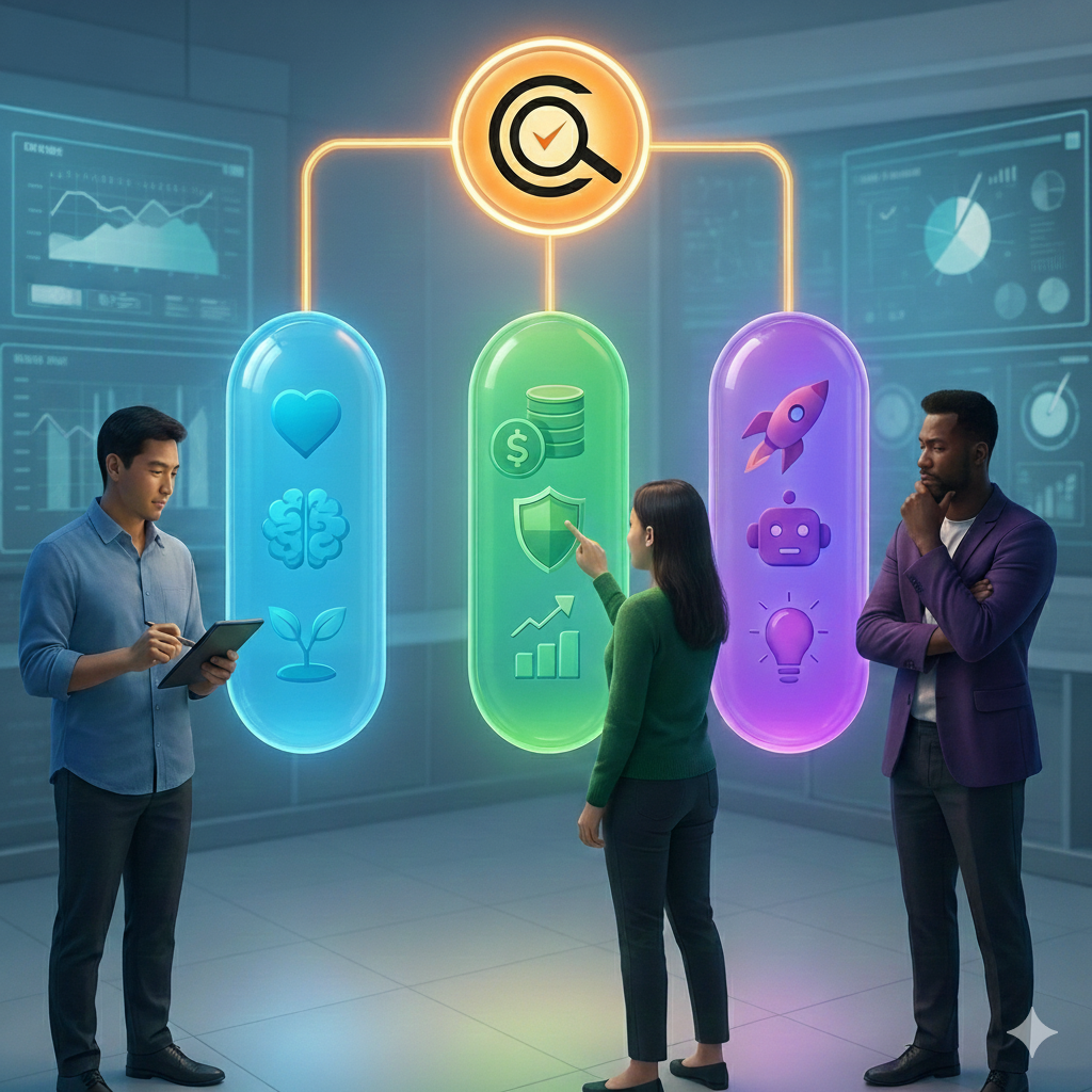 Equipo de personas analizando tres cápsulas de bienestar, finanzas y tecnología conectadas al logo de Comparaly.