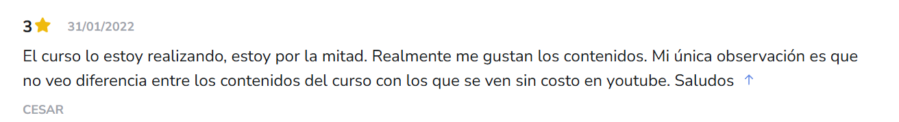 Reseña intermedia que compara el curso con YouTube