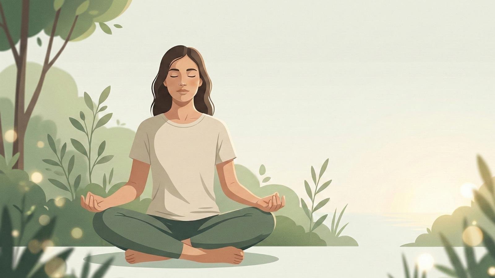 Ilustración editorial de una persona meditando en un entorno natural